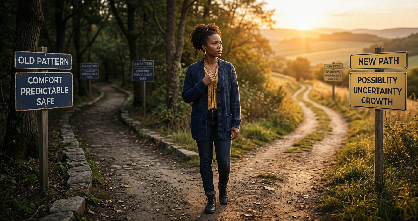 Person overcoming resistance and choosing change despite barriers and uncertainty